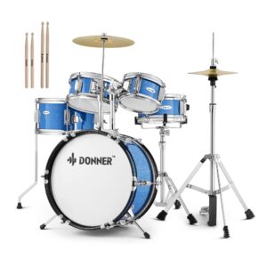 Donner 5-Piece Junior Drum Set for Kids – Complete Beginner Kit (Blue)
