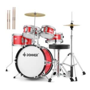 Donner 5-Piece Junior Drum Set – Complete Beginner Kit for Kids (Red)