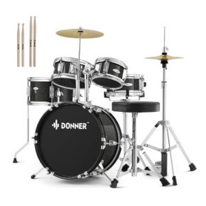 Donner 5-Piece Junior Drum Set – Complete Beginner Kit for Kids (Black)