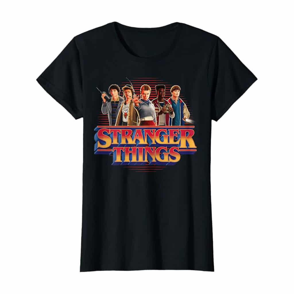 Stranger Things Season 5 Main Crew 80's Style Group Logo T-Shirt (Black)