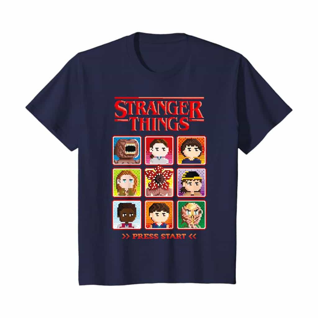 Stranger Things Season 5 Retro Video Game Character Select T-Shirt (Navy Blue)