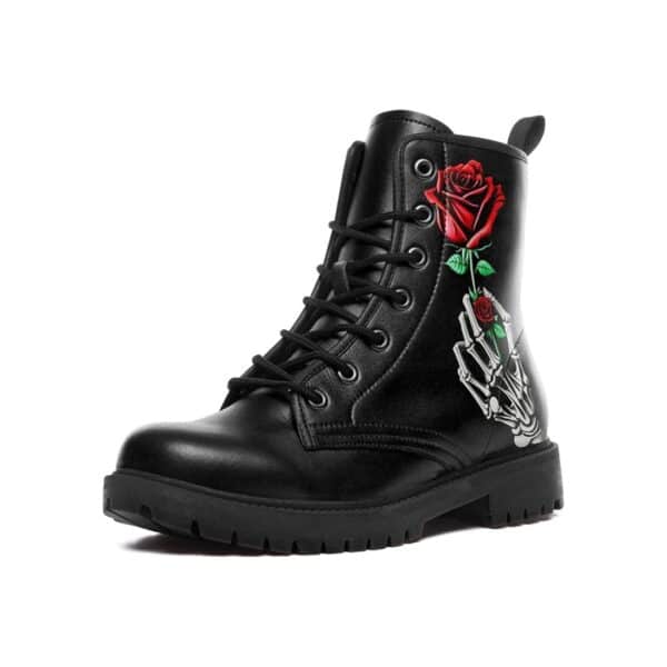 coolcustomize Custom Black Combat Boots for Women Fashion Lace-Up Skull Rose-3