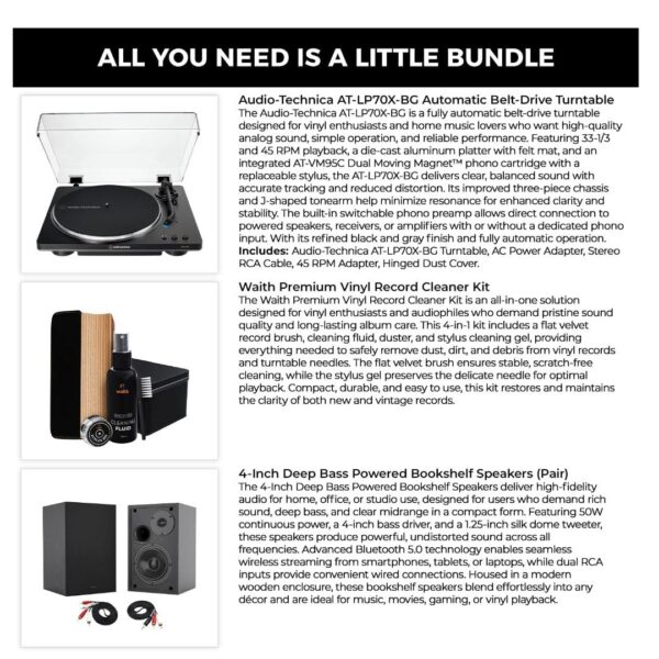 Audio-Technica AT-LP70X-BG 4-Inch Speakers (Pair) & Premium Vinyl Record Cleaner Kit - Essential Bundle Set